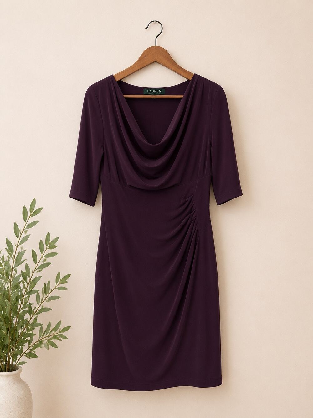 Ralph Lauren Purple Sheath Dress Cowl Neck Ruched 3/4 Sleeve Sz L Luxury Formal